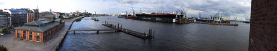 Panoramic of Hamburg harbor from an office balcony.